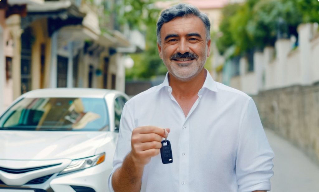 რეგისტრაცია Yandex Taxi - მძღოლი თეთრი პერანგით, ღიმილით და გასაღებით ხელში Yandex მანქანის ფონზე